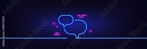 Neon light glow effect. Chat comment line icon. Speech bubble sign. Social media message symbol. 3d line neon glow icon. Brick wall banner. Chat message outline. Vector