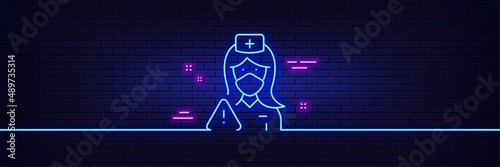 Neon light glow effect. Nurse with medical mask line icon. Doctor assistant sign. Face protection symbol. 3d line neon glow icon. Brick wall banner. Nurse outline. Vector