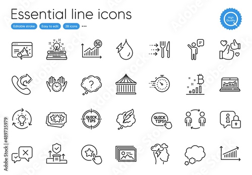 Share call, Timer and Talk bubble line icons. Collection of Hydroelectricity, Mindfulness stress, Chart icons. Loyalty star, Security agency, Copyright chat web elements. Question mark. Vector