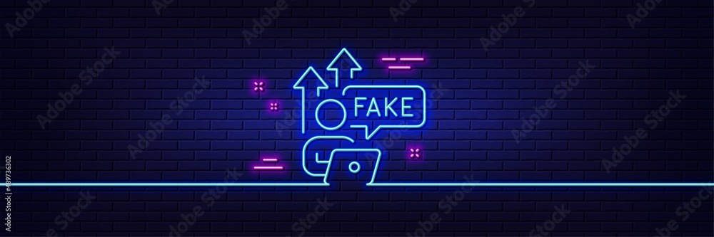 Obraz premium Neon light glow effect. Fake internet line icon. Web propaganda sign. Wrong truth symbol. 3d line neon glow icon. Brick wall banner. Fake internet outline. Vector