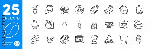 Outline icons set. Coffee, Cocktail and Ice cream icons. Pecan nut, Doppio, Apple web elements. Strawberry, Cooking whisk, Food delivery signs. Cold coffee, Prohibit food, Market. Vector