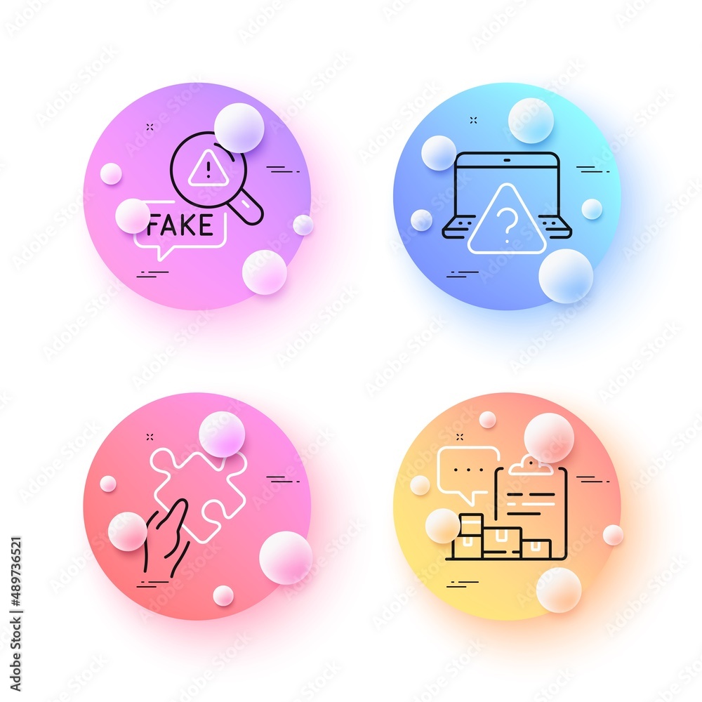 Puzzle, Fake news and Inventory report minimal line icons. 3d spheres or balls buttons. Online question icons. For web, application, printing. Jigsaw game, Check wrong fact, Warehouse control. Vector Puzzle, Fake news and Inventory report minimal line icons. 3d spheres or balls buttons. Online question icons. For web, application, printing. Jigsaw game, Check wrong fact, Warehouse control. Vector