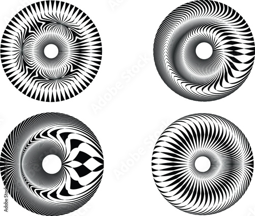  Set of abstract black halftone dots.Black halftone dots in vortex form. Geometric art. Trendy design element.Circular and radial lines volute, helix.Segmented circle with rotation