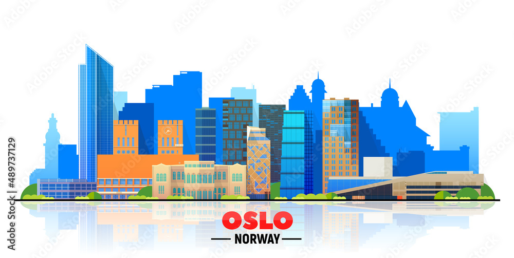 Fototapeta premium Oslo Norway skyline with panorama in white background. Vector Illustration. Business travel and tourism concept with modern buildings. Image for presentation, banner, placard, and website