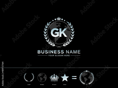 GK g&k Letter Logo, Abstract Initial gk Logo Image and circle Leaf Globe Royal Crown with Creative Star Design