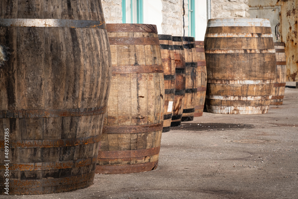 Old wooden barrels or casks at brewery backyard on a sunny day. Wine or beer oak vintage containers with stone wall texture background. Factory warehouse