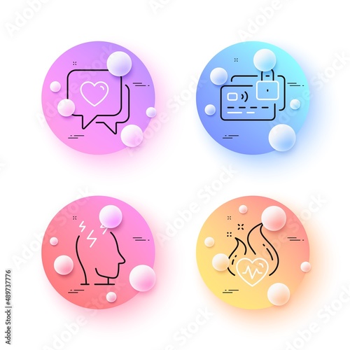 Stress, Heart and Cardio training minimal line icons. 3d spheres or balls buttons. Card icons. For web, application, printing. Mind anxiety, Love chat, Fat burn. Bank payment. Vector