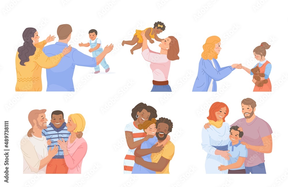 Family kids adoption. Multicultural parents adopt child, adopted kid, love foster orphan children, charity relationship, mother care custod society support swanky vector Family kids adoption. Multicultural parents adopt child, adopted kid, love foster orphan children, charity relationship, mother care custod society support swanky vector