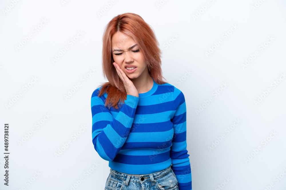 Young Russian girl isolated on white background with toothache Young Russian girl isolated on white background with toothache