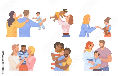 Family kids adoption. Multicultural parents adopt child, adopted kid, love foster orphan children, charity relationship, mother care custod society support swanky vector
