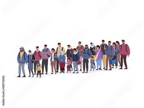 Queue refugee. Waiting people line, migration conflict, mob young iraq immigrants on border, long crowd coming patience poor persons, migrations problem, garish vector illustration