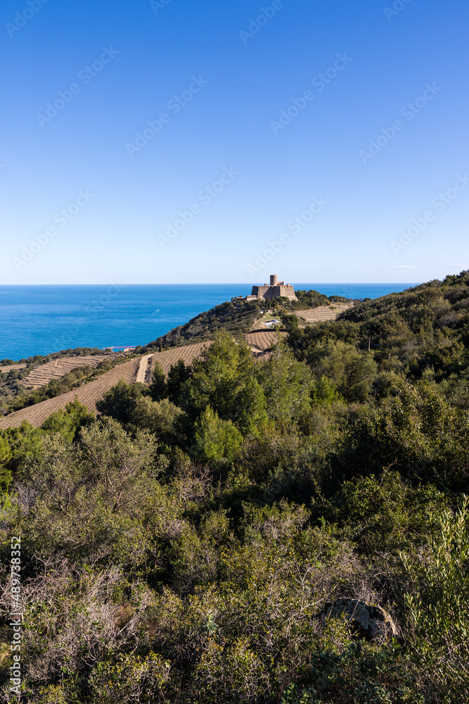 Vue sur le Fort Saint-Elme et la Côte Vermeille depuis les terres (Occitanie, France)