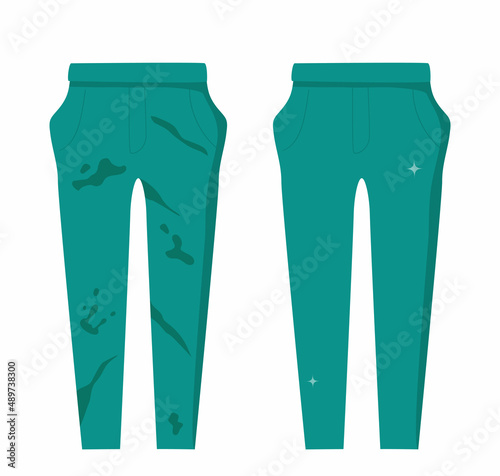 Dirty untidy men's trousers with stains and neat clean trousers. Fresh cotton clothes with removed mud. Soiled and tidy washed garment. Washing clothes concept. Vector illustration.