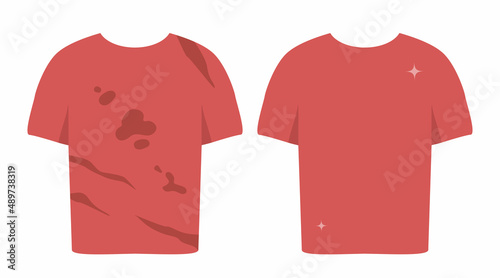 Dirty untidy t shirt with stains and neat clean t-shirt. Fresh cotton clothes with removed mud. Soiled and tidy washed garment. Washing clothes. Household concept. Flat vector illustration.