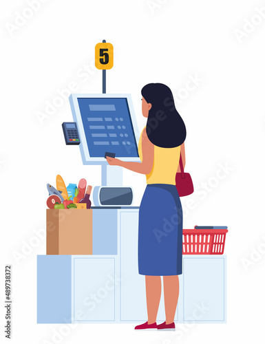 Woman Character in Supermarket Stand at Checkout Self Service with Pos Terminal for Cashless Paying for Grocery Purchases. Contactless Payment, Contemporary Technologies. Vector Illustration.