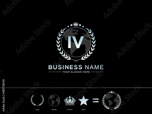 Abstract IV Letter Logo, Monogram iv Vector Logo Icon with Unique circle Leaf Globe Royal Crown Star Design for your company