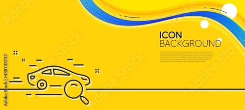 Search car line icon. Abstract yellow background. Find transport sign. Magnify glass. Minimal search car line icon. Wave banner concept. Vector