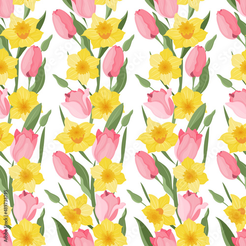 Vector seamless pattern of daffodils and tulips. Textiles and wrapping paper. Spring. Easter