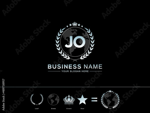 Letter JO logo icon, Creative jo Letter with circle Leaf Globe Royal Crown and Star Logo For Business