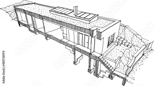 hand drawn architectural sketch of section of  modern one story detached house with flat roof and garden 