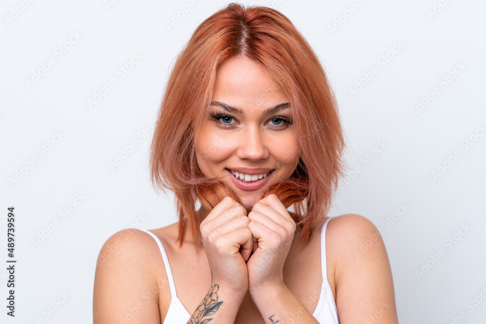 Young Russian girl isolated on white background with happy expression. Close up portrait Young Russian girl isolated on white background with happy expression. Close up portrait