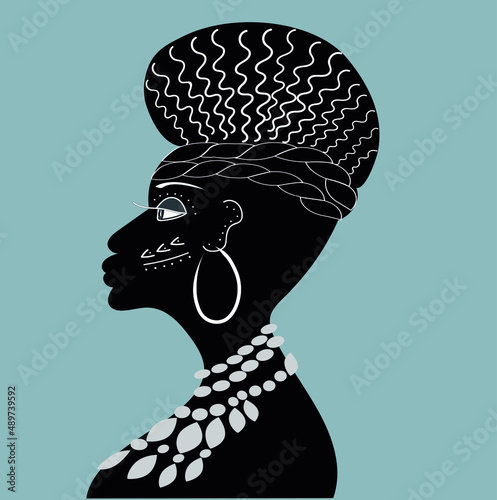 Black woman  african american, african silhouette avatar. Man on the side with face painting. Profile. White and black. Symbols, ethnicity. Avatar, business card. Digital graphic illustration. Sample