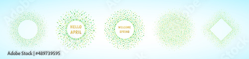 Hello Spring text frames set, collection. Round abstract eco backgrounds made of green, yellow drops, uneven dots, chaotic spots, blobs, tiny leaves. Circle shapes.  Welcome April golden letters.