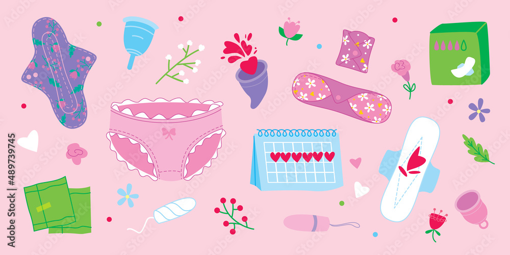 Vector sticker set of menstruation period. Varios female hygiene products.