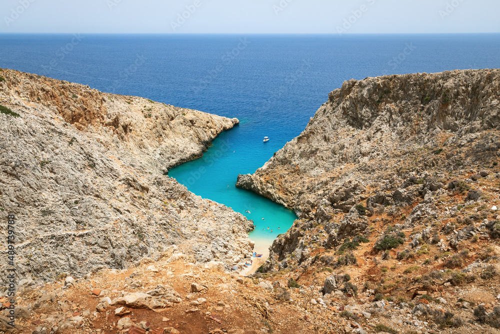 View over tourists enjoying their day on the Seitan Limani beach, Crete, Greece