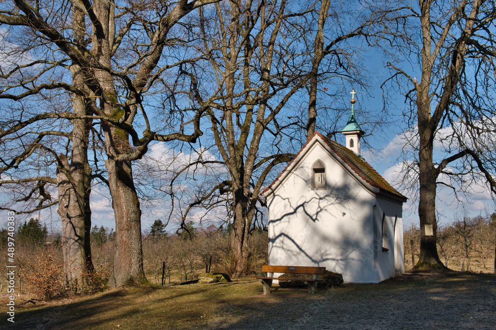 Christliche Kapelle in der Natur / Wald mit Bäumen im Frühling und blauem Himmel