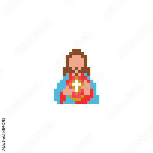 Jesus Christ in pixel art. Vector illustration. sacred heart. cross. God. Religion