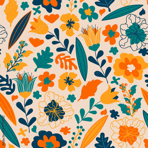 Nature seamless pattern, colorful floral design for fabric, wallpaper, backgr...