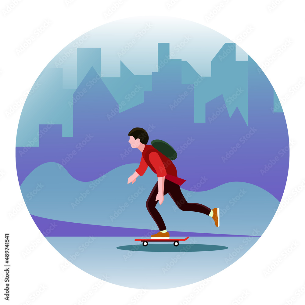 A young man rides a skateboard against the background of the evening city. For design concepts, banners, applications, prints. Vector illustration A young man rides a skateboard against the background of the evening city. For design concepts, banners, applications, prints. Vector illustration