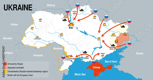 Map of the Russian invasion of Ukraine in blue, gray and white color