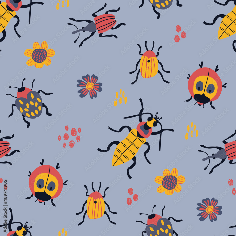 Seamless pattern with cute hand-drawn beetles. Design for fabric, textile, wallpaper, packaging.	