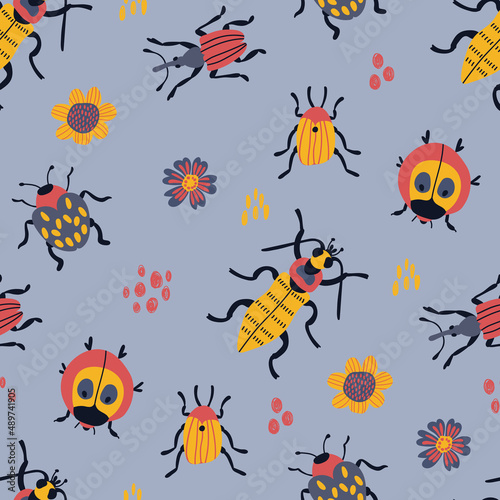 Seamless pattern with cute hand-drawn beetles. Design for fabric, textile, wallpaper, packaging.  © Helga KOV