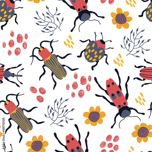  Seamless pattern with cute hand-drawn beetles. Design for fabric  textile  wallpaper  packaging.