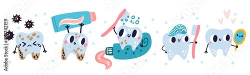 Cleaning teeth steps. Cartoon tooth character washes. Oral care educational banner. Toothpaste and toothbrush. Dental hygiene. Dirty crying and clean happy molars. Vector stomatology concept