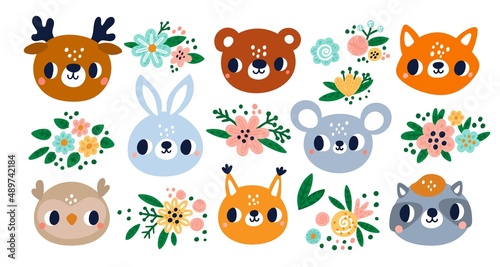 Fototapeta Naklejka Na Ścianę i Meble -  Cute animals faces. Little forest characters. Funny muzzles. Wildlife creatures heads with flowers. Deer and mouse. Blooming plants bouquet. Raccoon and bunny. Vector Scandinavian fauna set