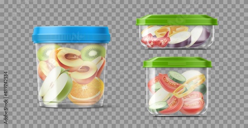 Food containers with products. Realistic transparent plastic boxes with sliced vegetables and fruits. Kitchen storage dishes. 3D round or square packaging with caps. Vector packages set