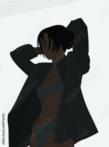 Black-haired girl in a jacket and underwear. Vector flat image of a posing girl. Design for postcards, posters, backgrounds, templates, textiles, avatars.