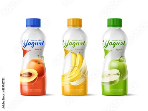 Realistic drinking yogurt bottle design. 3D fermented milk product packaging. Fruits taste. Peach, banana and apple dairy beverage flavors. Vector isolated plastic food packages set