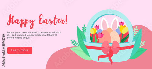 Happy Easter scene with families, kids. Easter street event, festival and fair, banner, poster design. Editable vector illustration