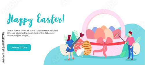 Happy Easter scene with families, kids. Easter street event, festival and fair, banner, poster design. Editable vector illustration