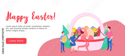 Happy Easter scene with families, kids. Easter street event, festival and fair, banner, poster design. Editable vector illustration
