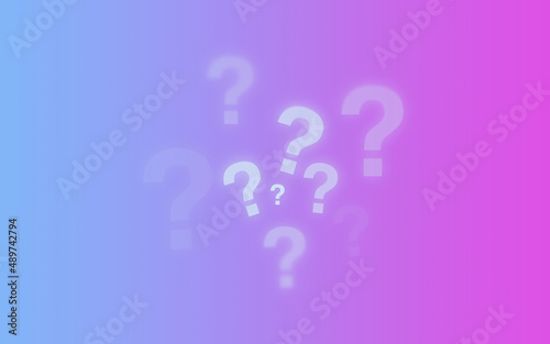 various sized and aligned question marks against a colorful pink blue gradient background
