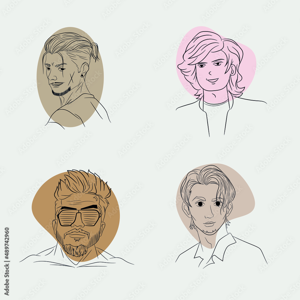 Line drawing illustration of six different types of male face shapes