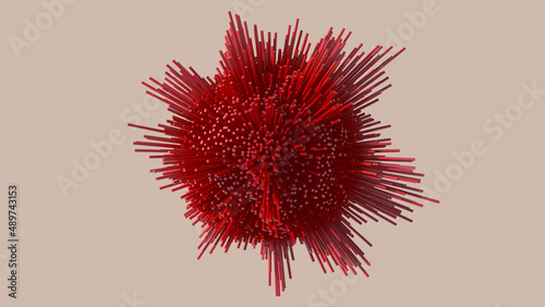 Red morphing sphere, beige background. Abstract illustration, 3d render. photo