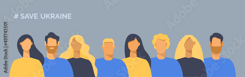 Save Ukraine. People against the war. Vector male and female Ukrainian characters. For peace and freedom. Cartoon illustration i nflat design. 