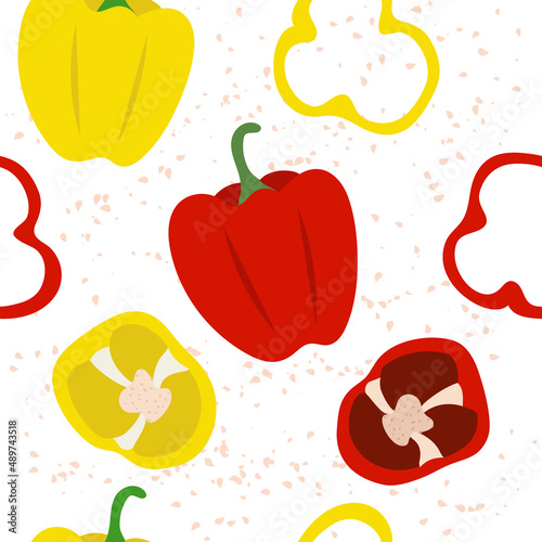 Fototapeta Naklejka Na Ścianę i Meble -  Pattern with red and yellow peppers with slices. Seamless vector pattern with vegetables.